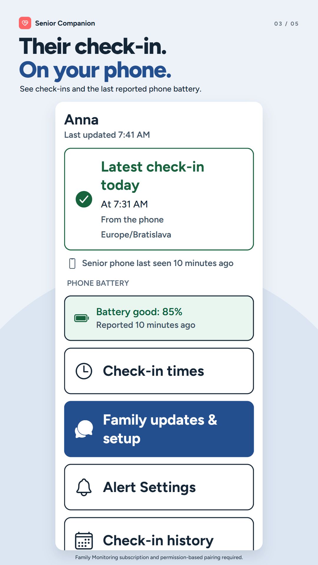 Family dashboard interface preview with a received check-in, last reported battery level and family updates
